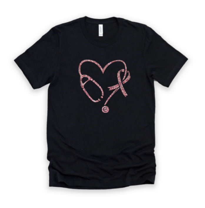 Glitter Heart Stethoscope Breast Cancer Tee