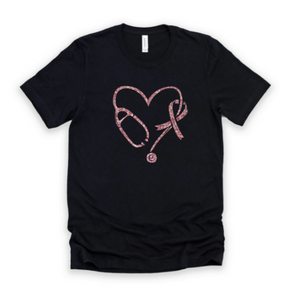 Glitter Heart Stethoscope Breast Cancer Tee