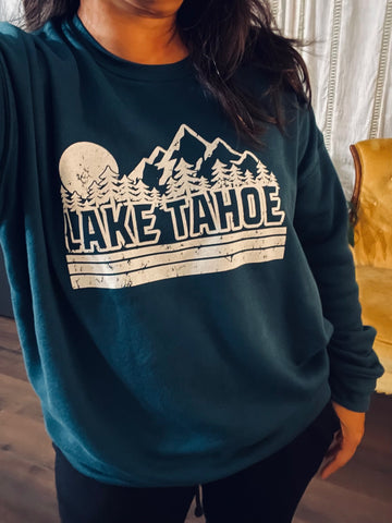 Lake Tahoe Distressed design crewneck sweatshirt, moon, trees, mountains