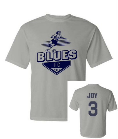 Grey Blues FC Dri Fit Tee with last name and number (Youth & Adult)